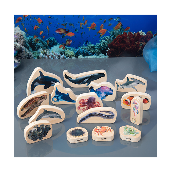 Set 15 bloques madera animales marinos