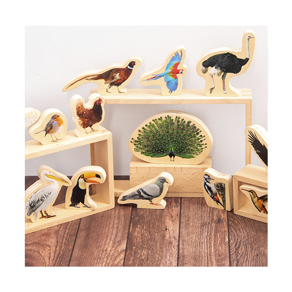 Set de 15 bloques de madera de pájaros